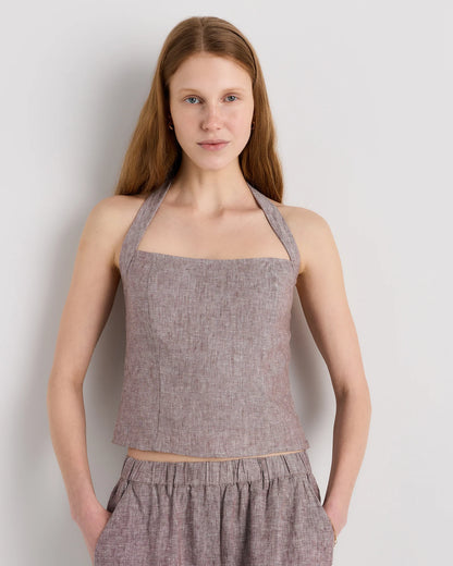 100% European Linen Halter Top - XS / Red Classic Mini Gingham