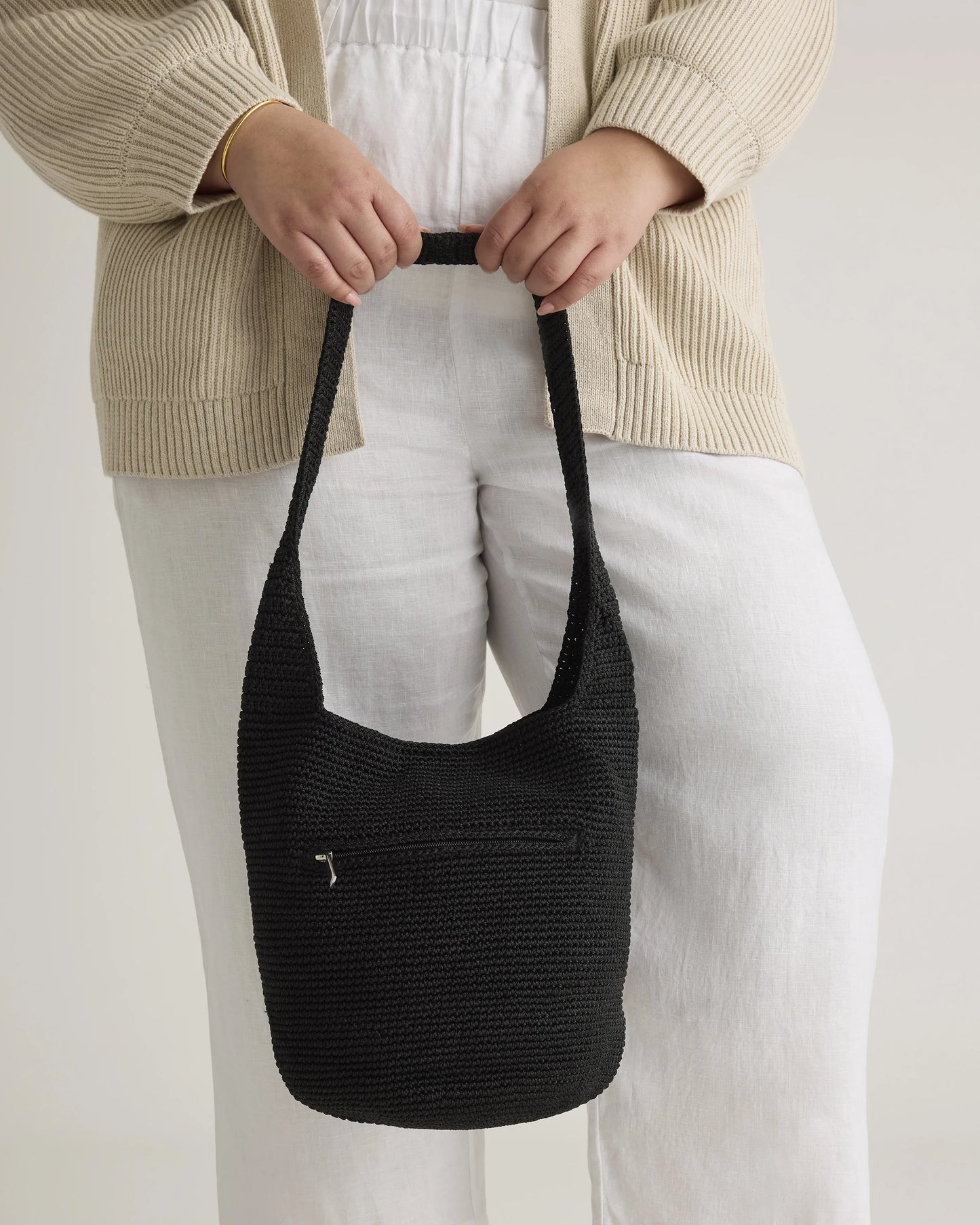 Hand Crochet Hobo Shoulder Bag - One Size / Black