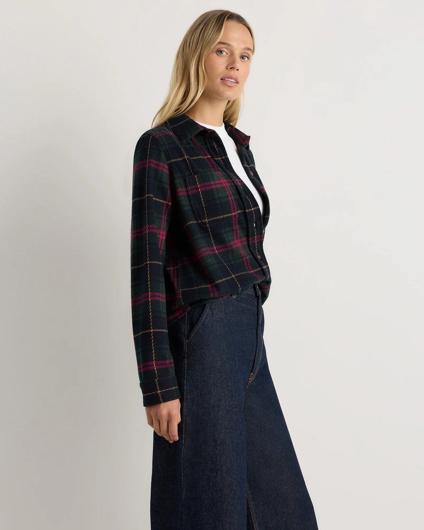 Stretch Sweater Fleece Shirt - XS / Navy/Red/Yellow Check