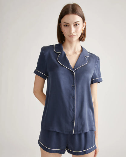 100% Washable Silk Pajama Short with Piping - XS / Indigo