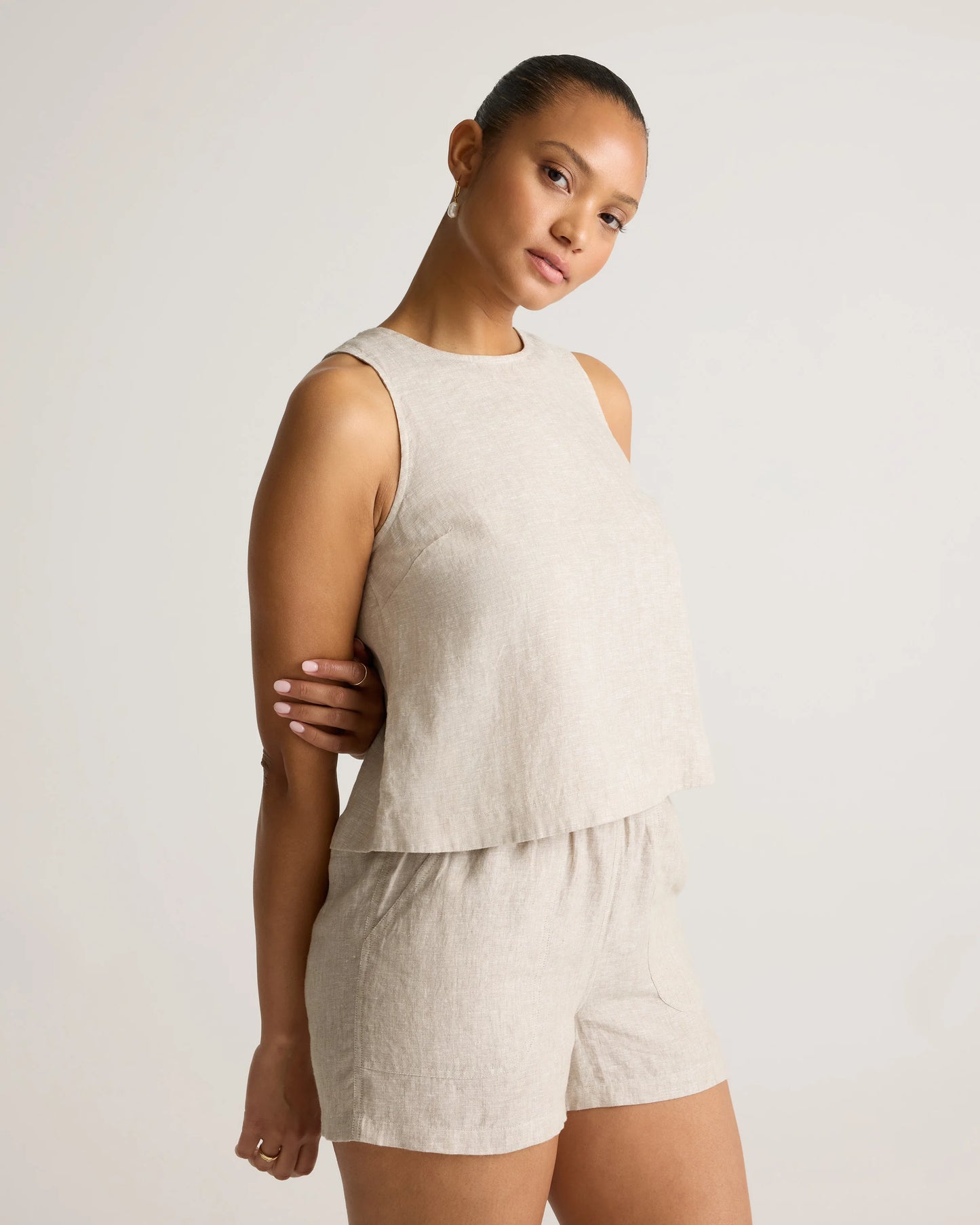 100% European Linen Cropped Tank - XS / Taupe Brown Gingham