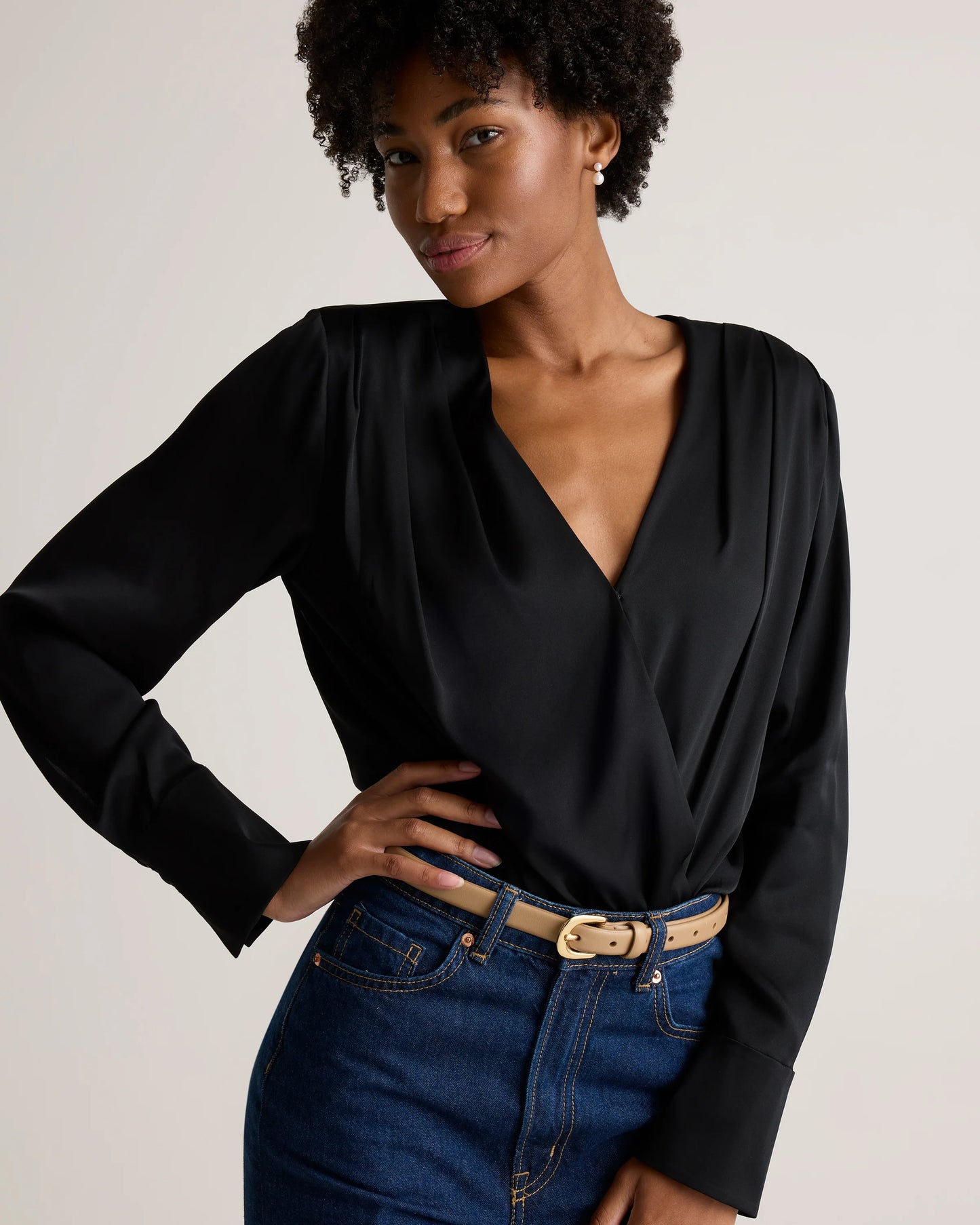 Washable Stretch Silk Surplice Bodysuit - XS / Moonstone Blue