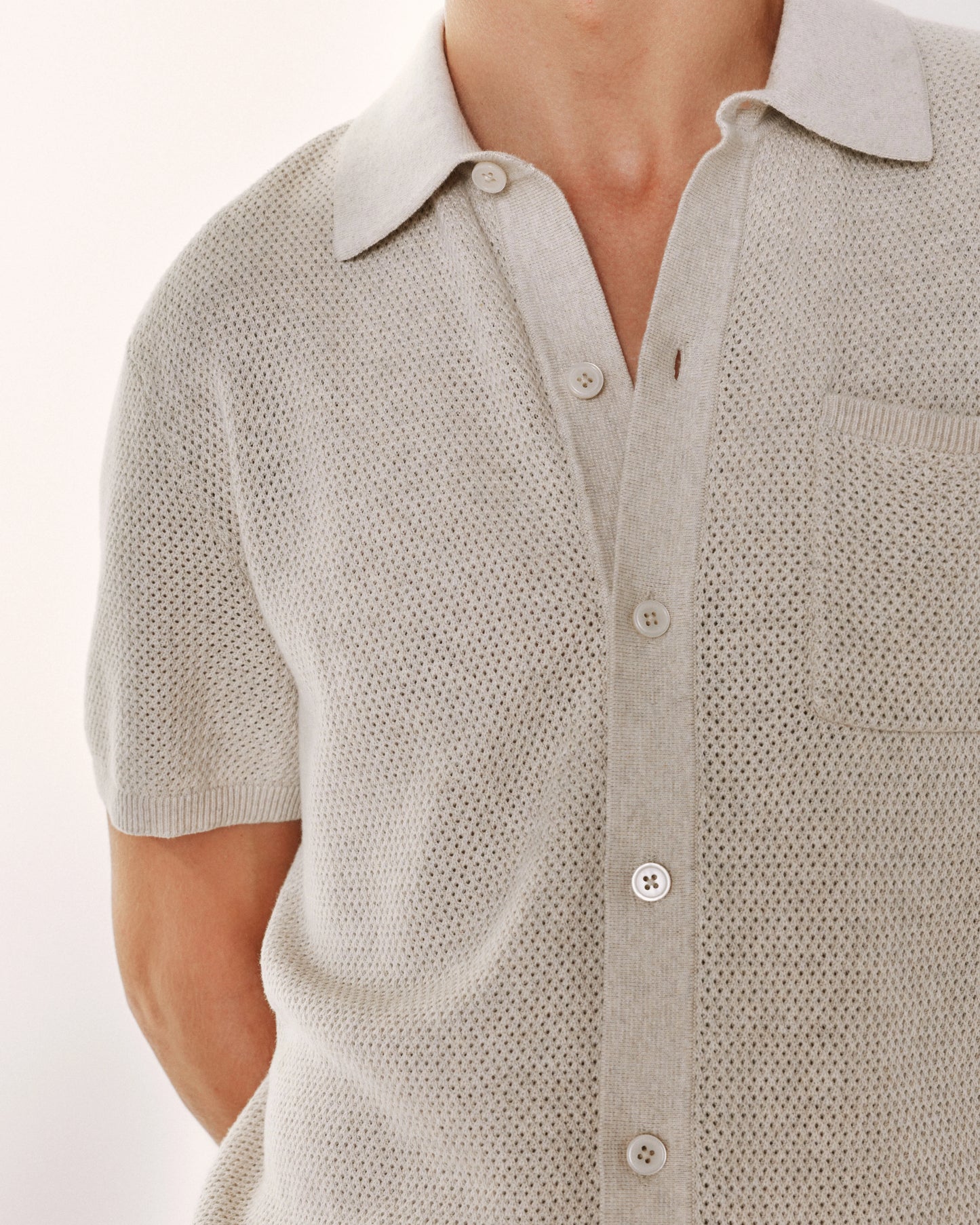 100% Organic Cotton Mesh-Stitch Button-Up Sweater Polo - XS / Speckled Beige