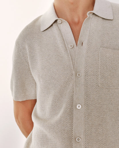 100% Organic Cotton Mesh-Stitch Button-Up Sweater Polo - XS / Speckled Beige