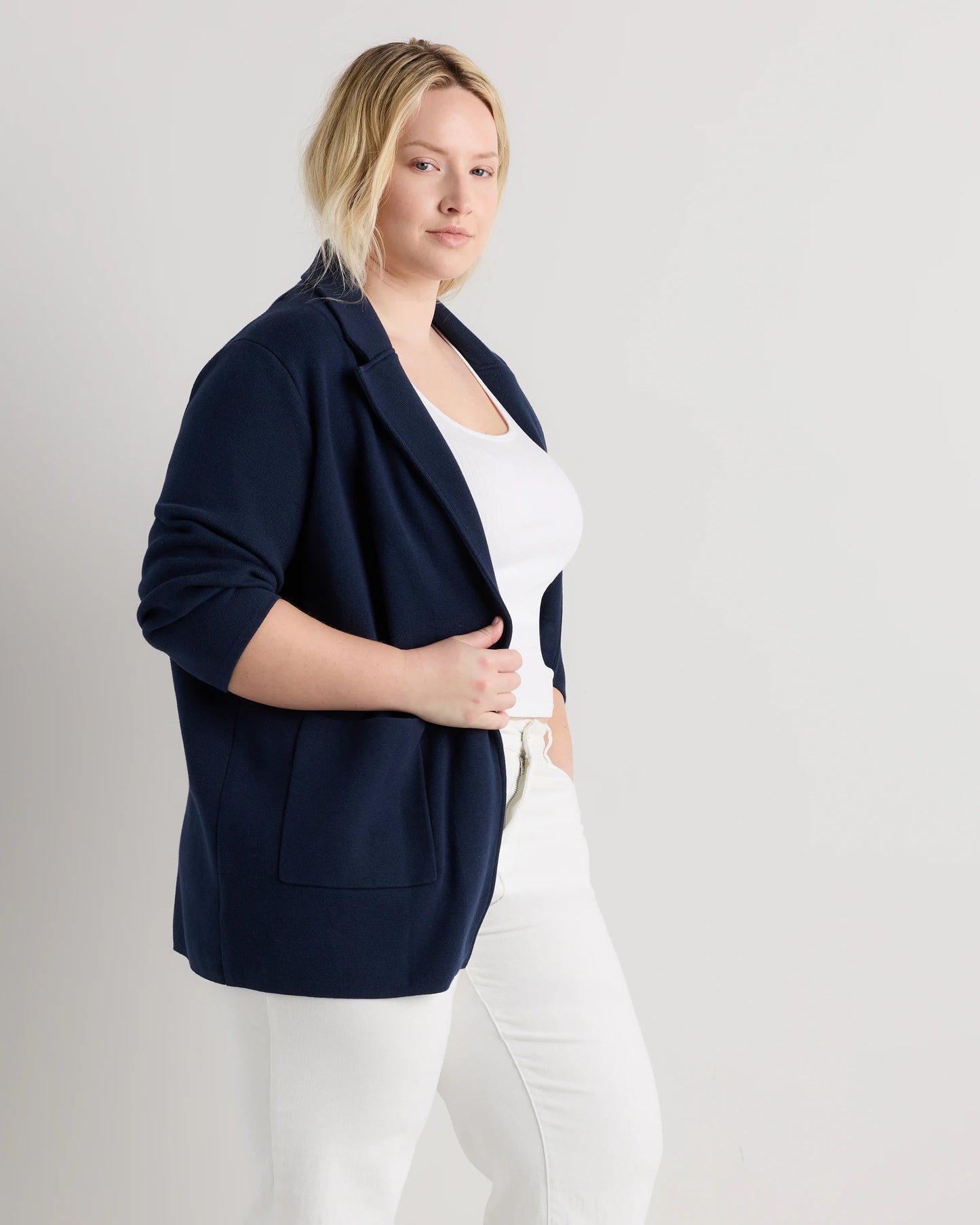 100% Organic Cotton Knit Blazer - 1X / Navy