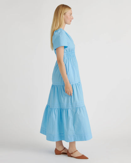 100% Organic Cotton Poplin Tiered Maxi Dress - XS / Riviera Blue Heirloom Floral