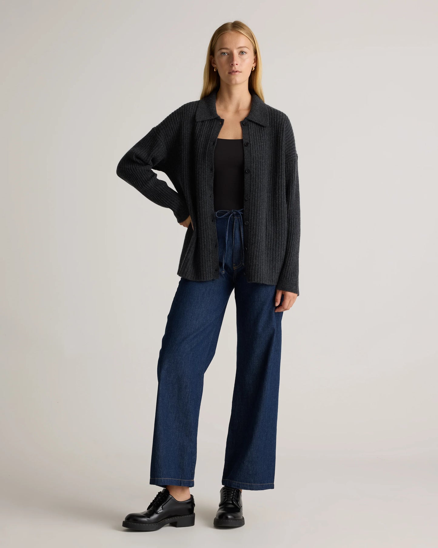 Mongolian Cashmere Wide-Rib Oversized Collared Cardigan - XS / Oatmeal