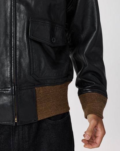 Shearling Collar Leather Flight Jacket - S / True Black