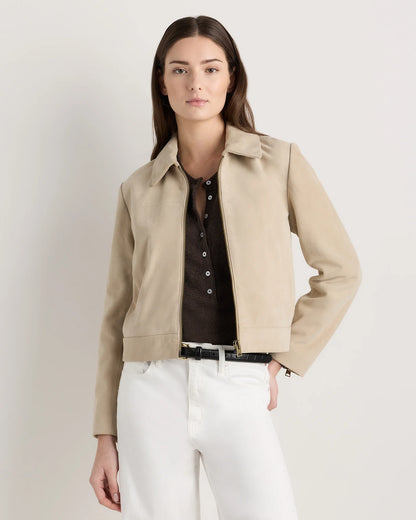 100% Suede Cropped Zip-Front Jacket - XS / Light Sand Beige