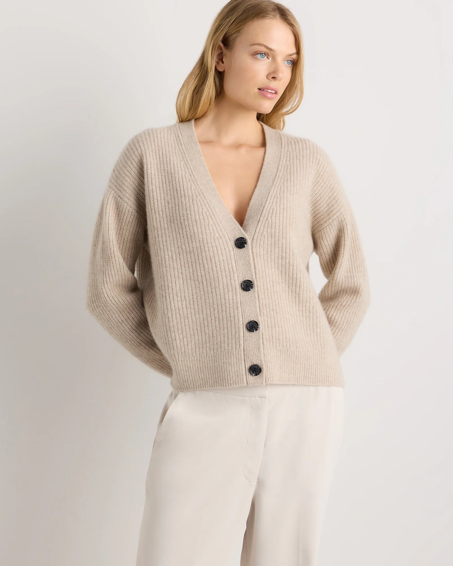 Mongolian Cashmere Fisherman Boxy Cropped Cardigan Sweater - XS / Undyed Natural Heather