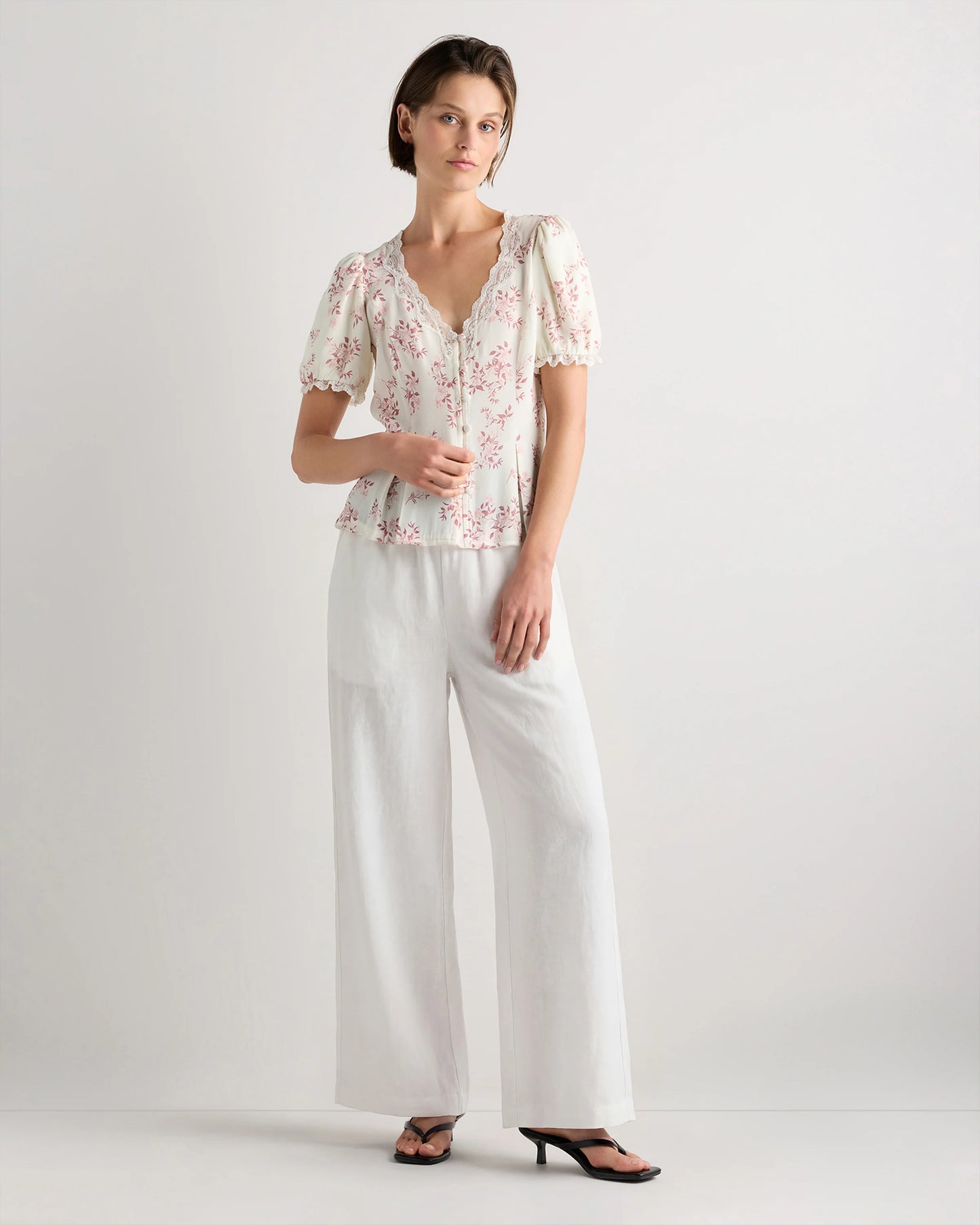 Lightweight Crepe Lace Puff Sleeve Blouse - XS / Ivory Rose Pink Petite Floral
