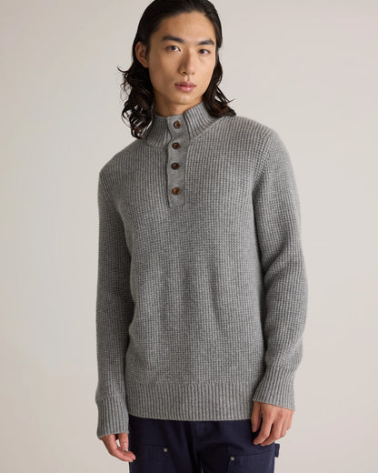 Mongolian Cashmere Waffle Quarter Button Sweater - S / Elk Brown