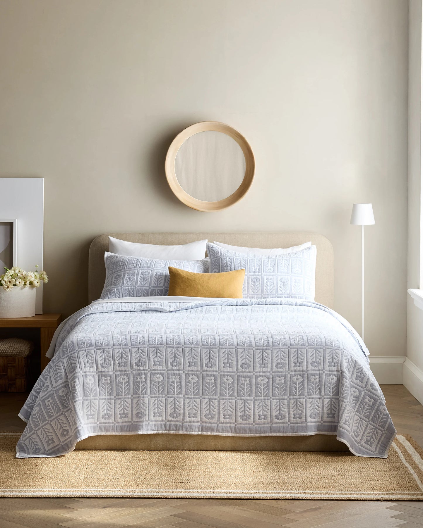 Organic Cotton Jacquard Floral Coverlet - Twin / Blue Fog