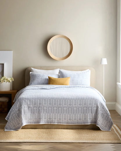 Organic Cotton Jacquard Floral Coverlet - Twin / Blue Fog