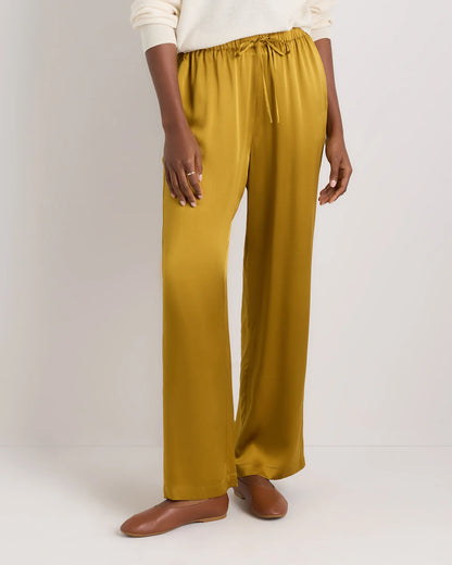 100% Washable Silk Drawstring Wide Leg Pants - XS / Champagne