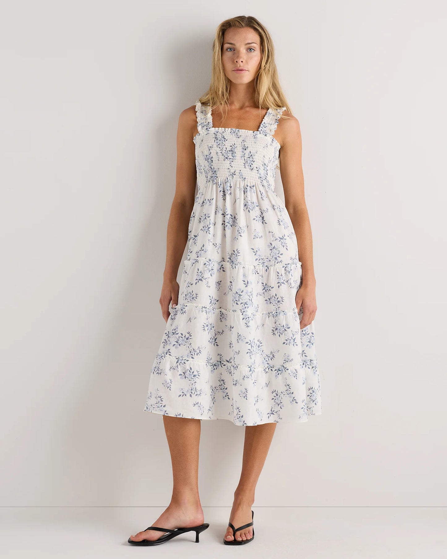100% European Linen Smocked Midi Dress - XS / Ivory Porcelain Blue Petite Floral