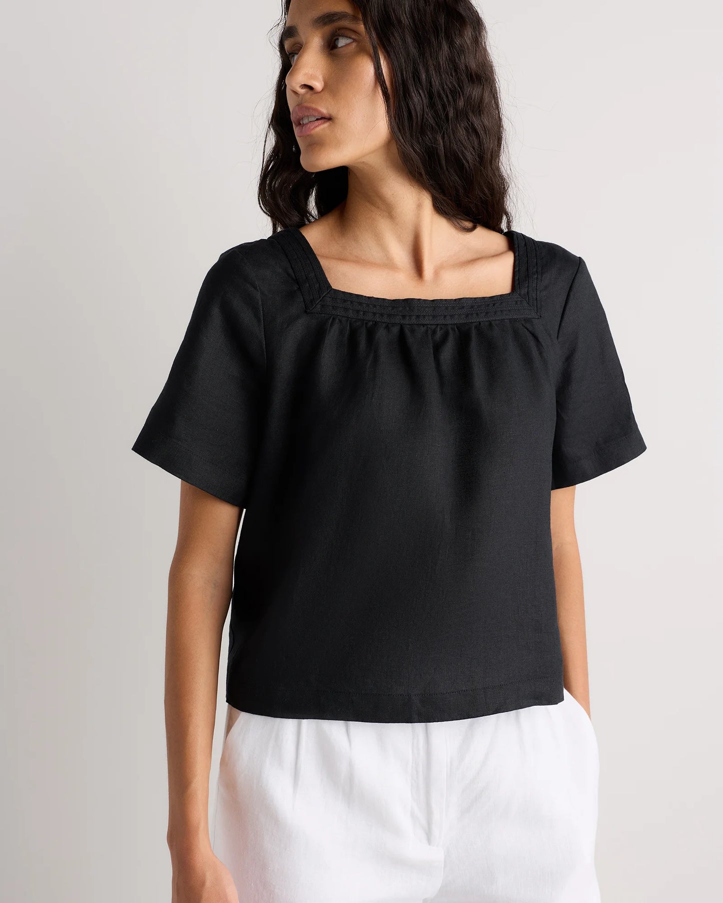 100% European Linen Square Neck Swing Top - XS / Black