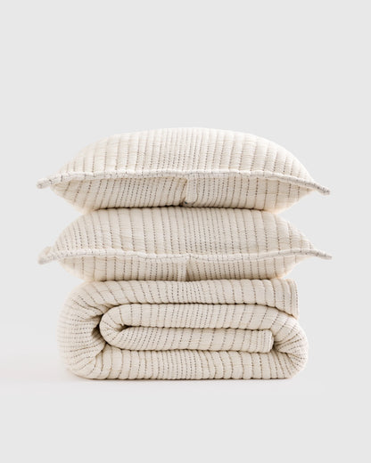Organic Cotton Channel Stitch Coverlet Set - Twin / Coral Pink