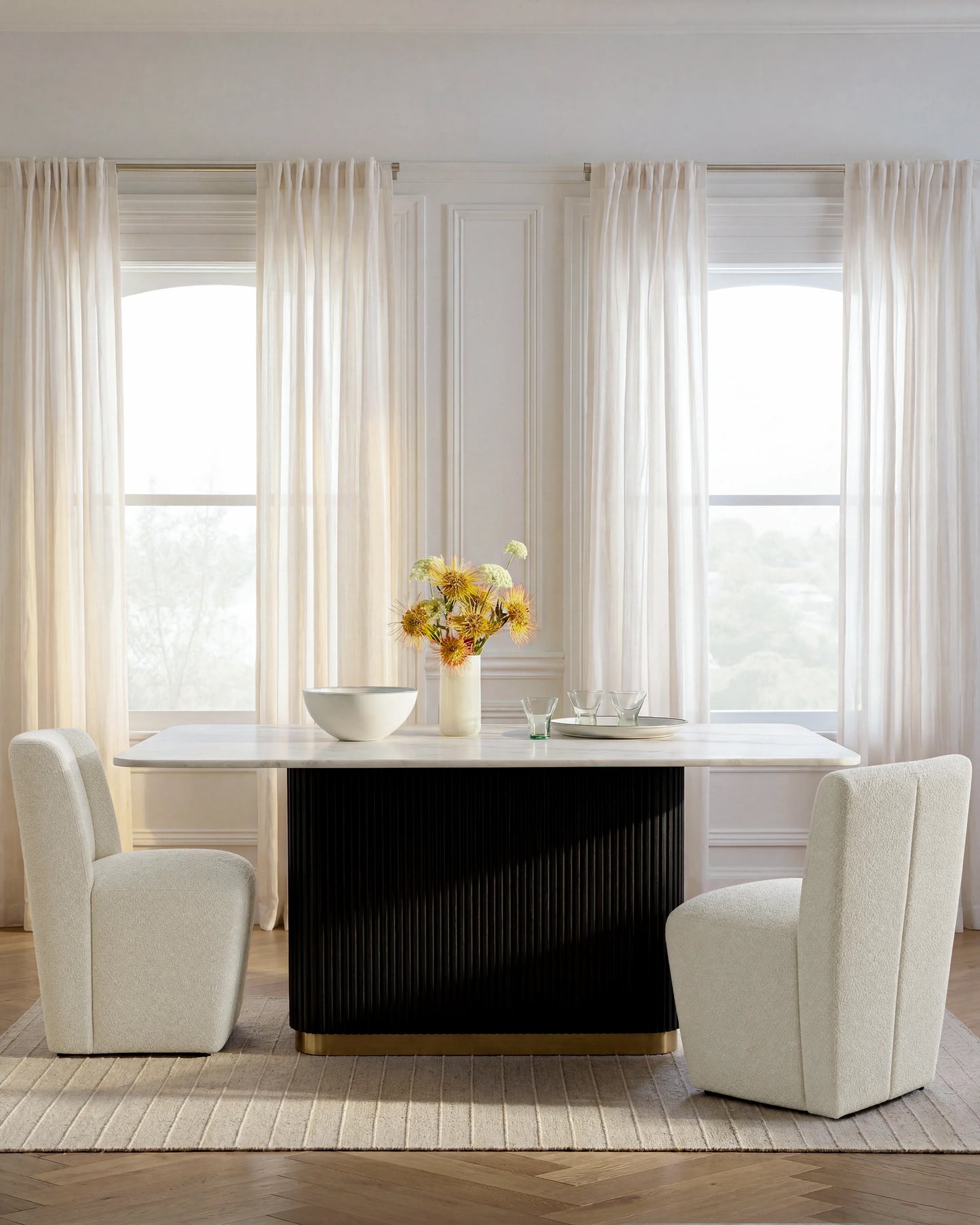 Fluted Wood and Genuine Marble Pedestal Dining Table - One Size / White/Black