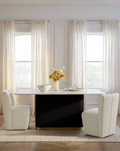 Fluted Wood and Genuine Marble Pedestal Dining Table - One Size / White/Black