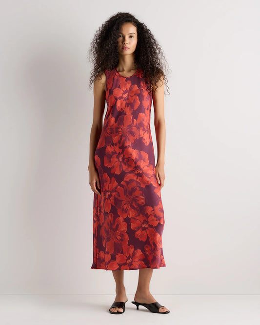 Washable Stretch Silk Tank Midi Dress - XS / Cordovan Red Hibiscus