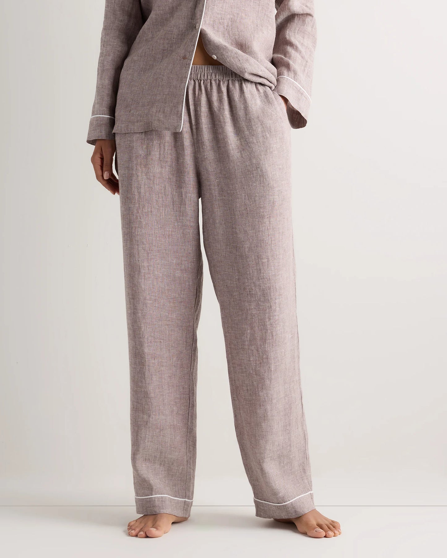 100% European Linen Long Sleeve Pajama Set with Piping - XS / Taupe Brown Gingham