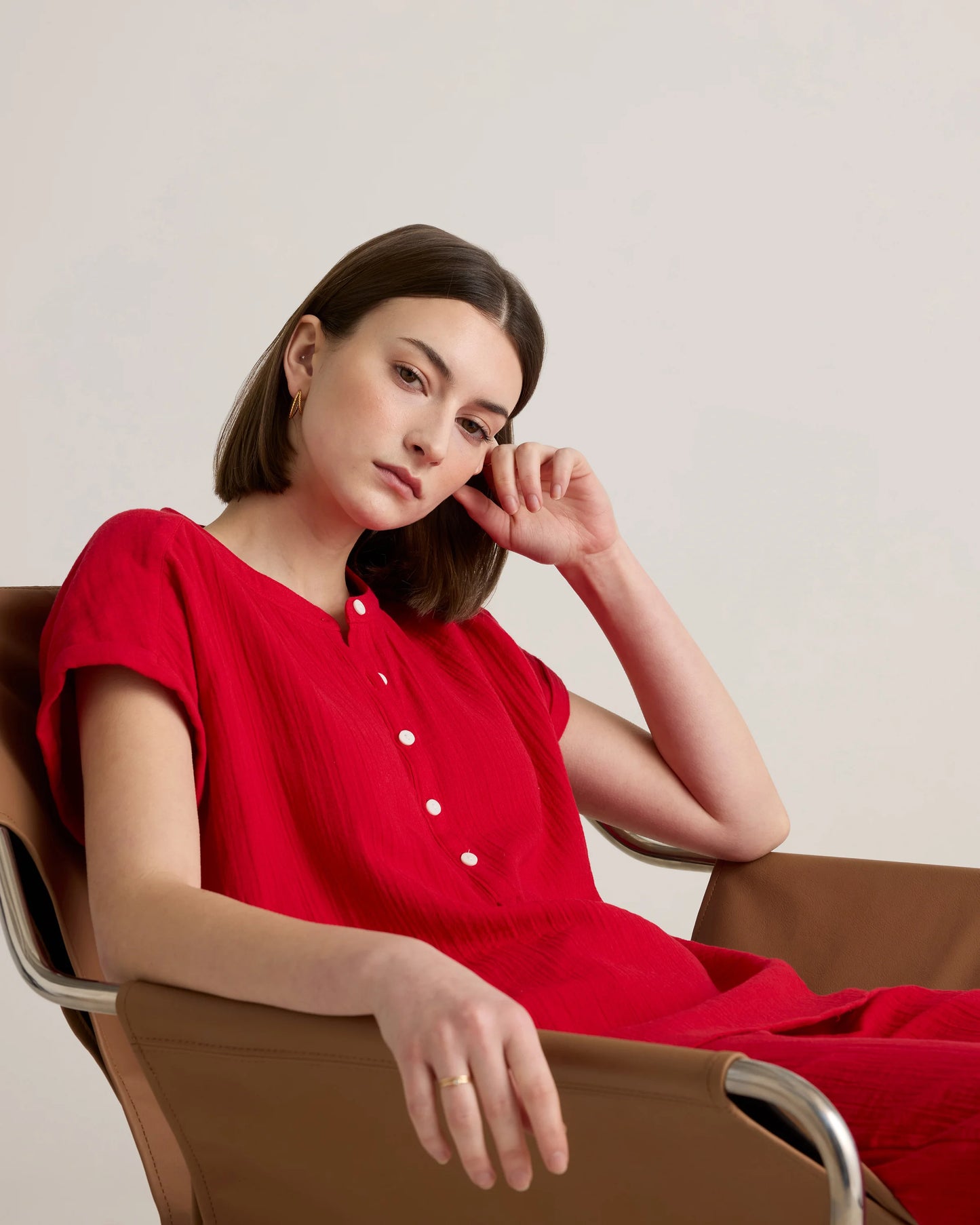 100% Organic Cotton Gauze Roll Sleeve Shirt - XS / Spiced Orange