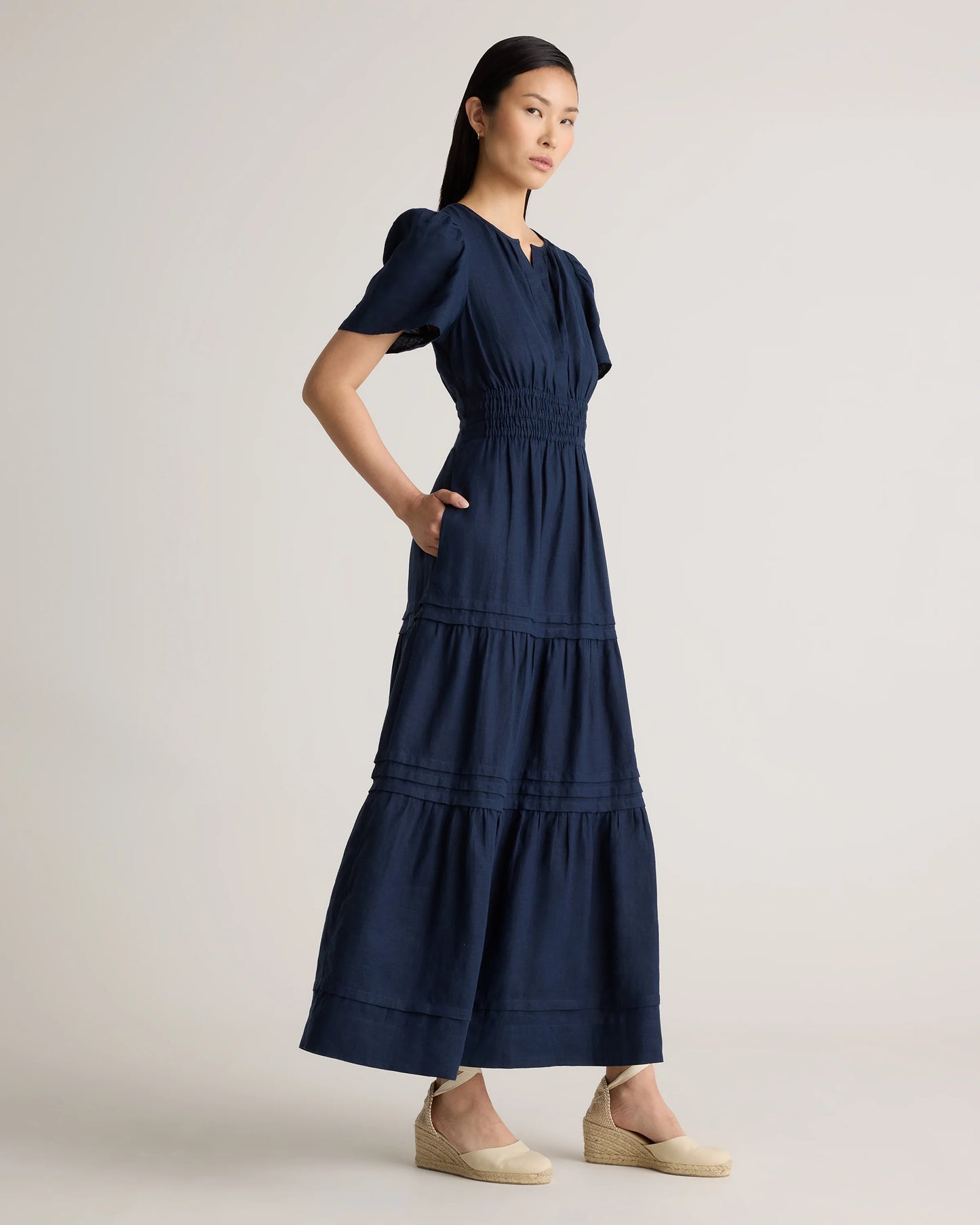 100% European Linen Tiered Maxi Dress - XS / Deep Navy