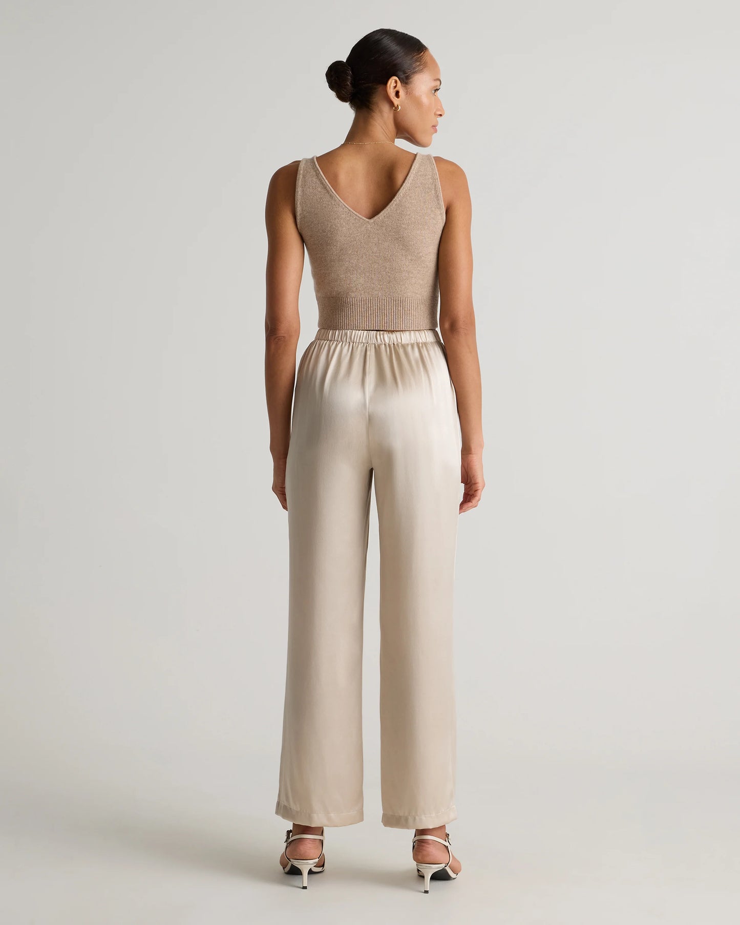 100% Washable Silk Drawstring Wide Leg Pants - XS / Champagne