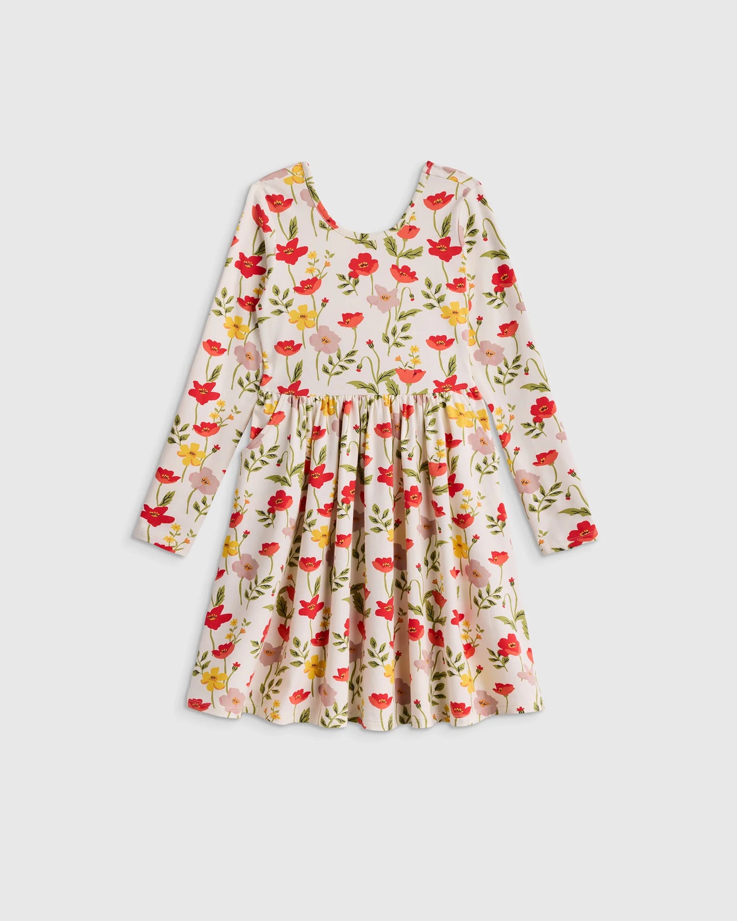 Organic Cotton Long Sleeve Skater Dress - 2T / Red Poppy Garden