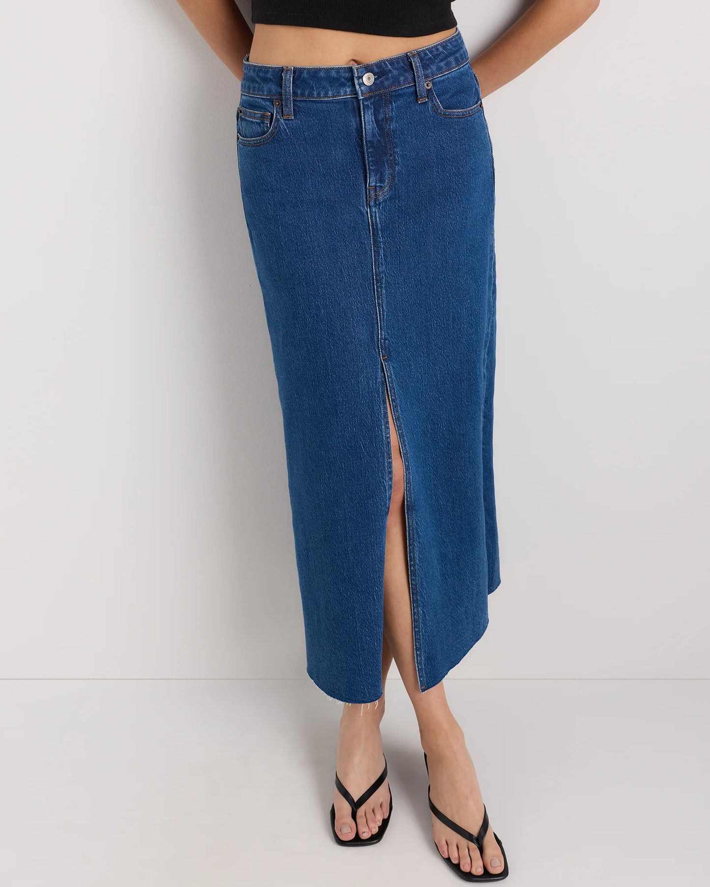 Stretch Denim 5-Pocket Midi Skirt - 24 / Obsidian Blue