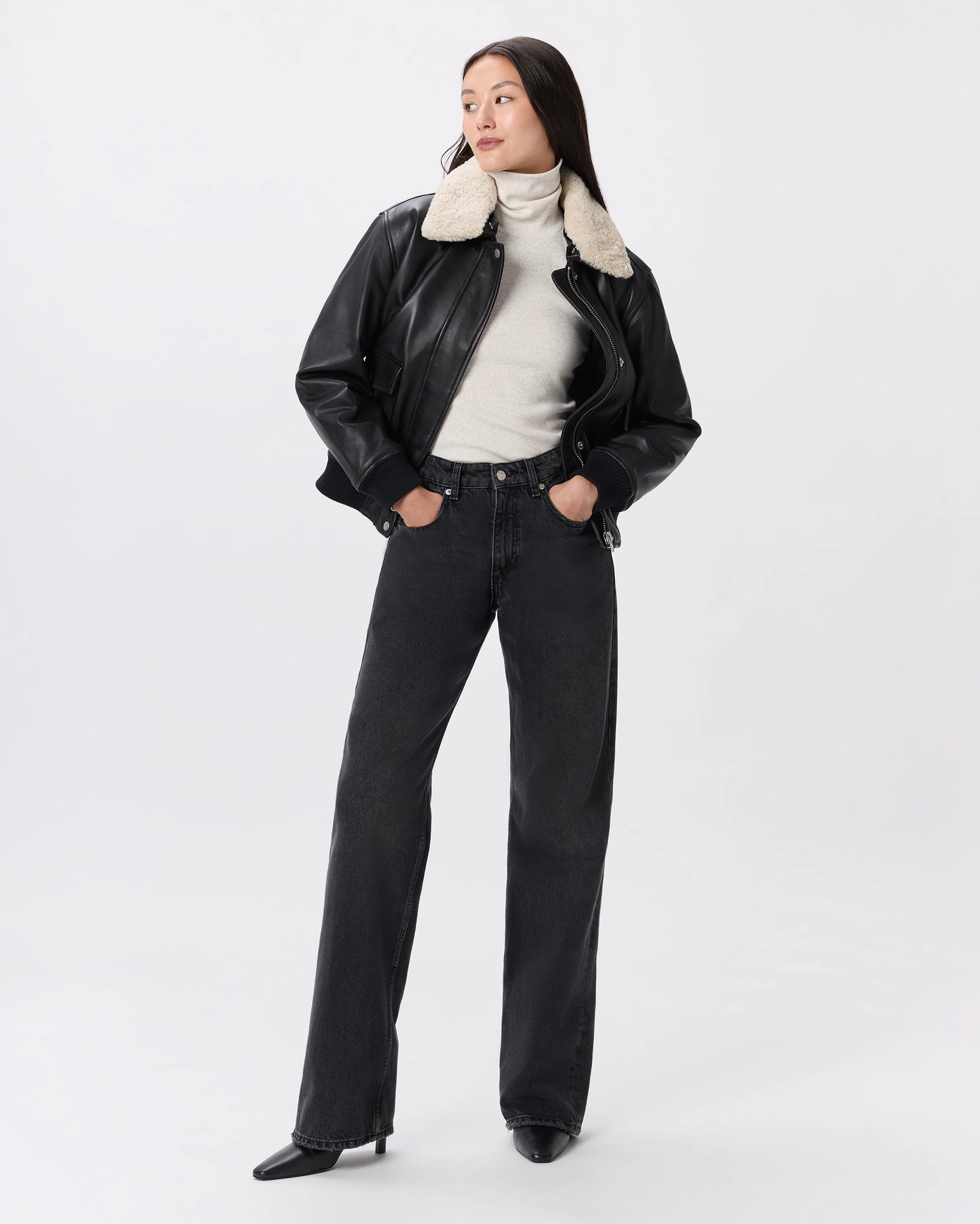 100% Leather Shearling Trim Aviator Jacket - XS / True Black
