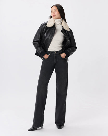 100% Leather Shearling Trim Aviator Jacket - XS / True Black