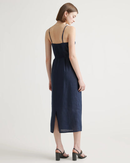 100% European Linen Scoop Neck Midi Dress - XS / Ivory Porcelain Blue Petite Floral