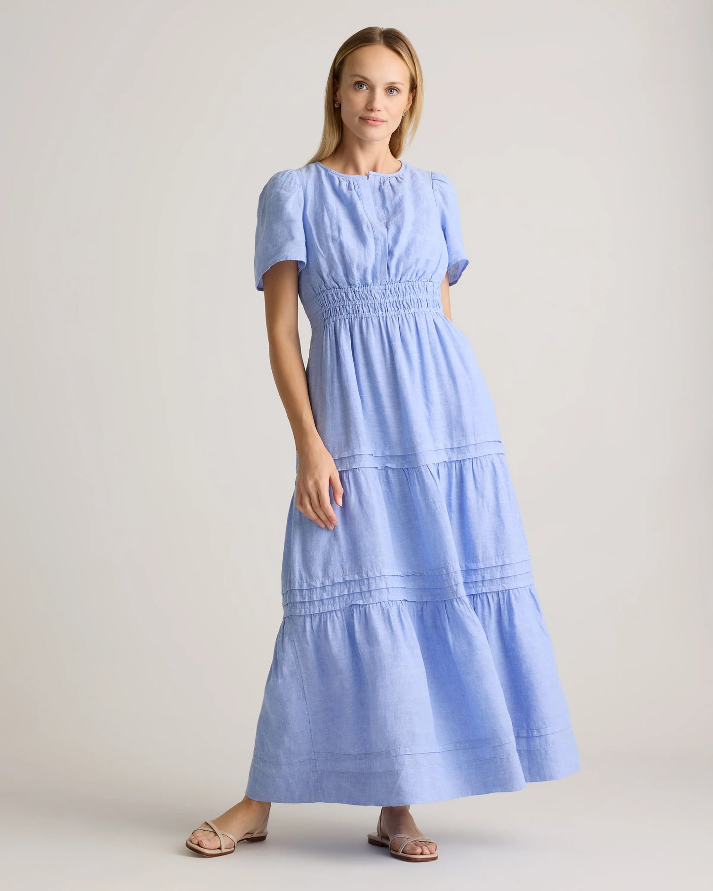 100% European Linen Tiered Maxi Dress - XS / Deep Navy