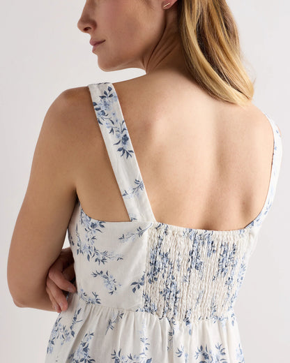 100% European Linen Fit & Flare Midi Dress - XS / Ivory Porcelain Blue Petite Floral