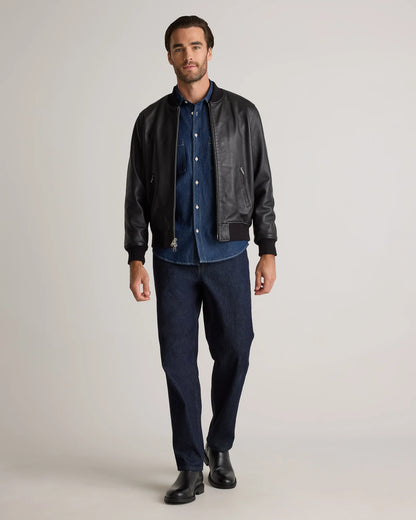 100% Washed Leather Bomber Jacket - S / Black