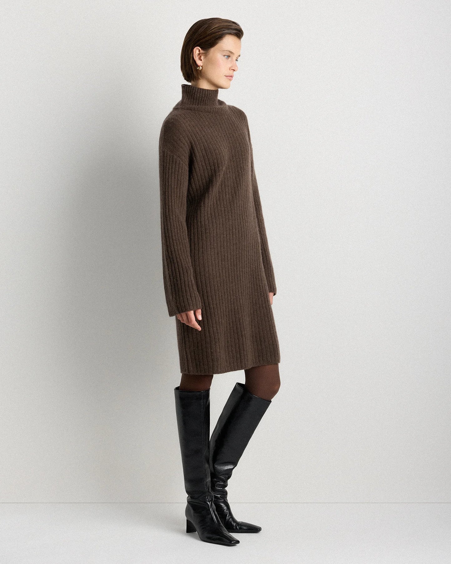 Mongolian Cashmere Ribbed Turtleneck Mini Dress - XS / Black