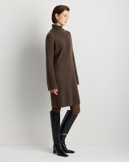 Mongolian Cashmere Ribbed Turtleneck Mini Dress - XS / Black