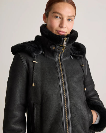 100% Shearling Cold Weather Bomber Jacket - XS / Black
