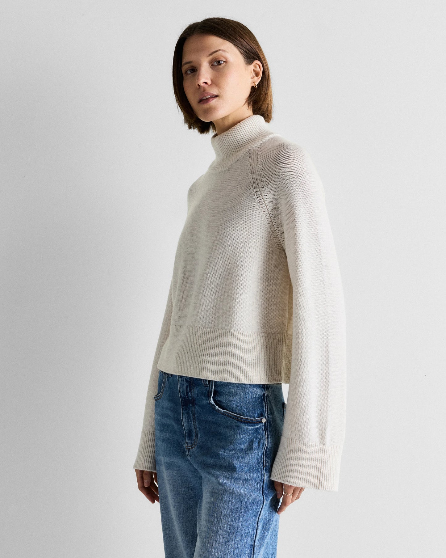 Australian Merino Wool Cropped Mock Neck Sweater - XS / Heather Bone