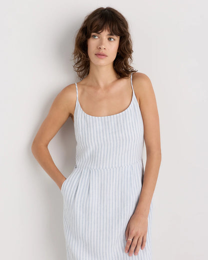 100% European Linen Scoop Neck Midi Dress - XS / Ivory Porcelain Blue Petite Floral