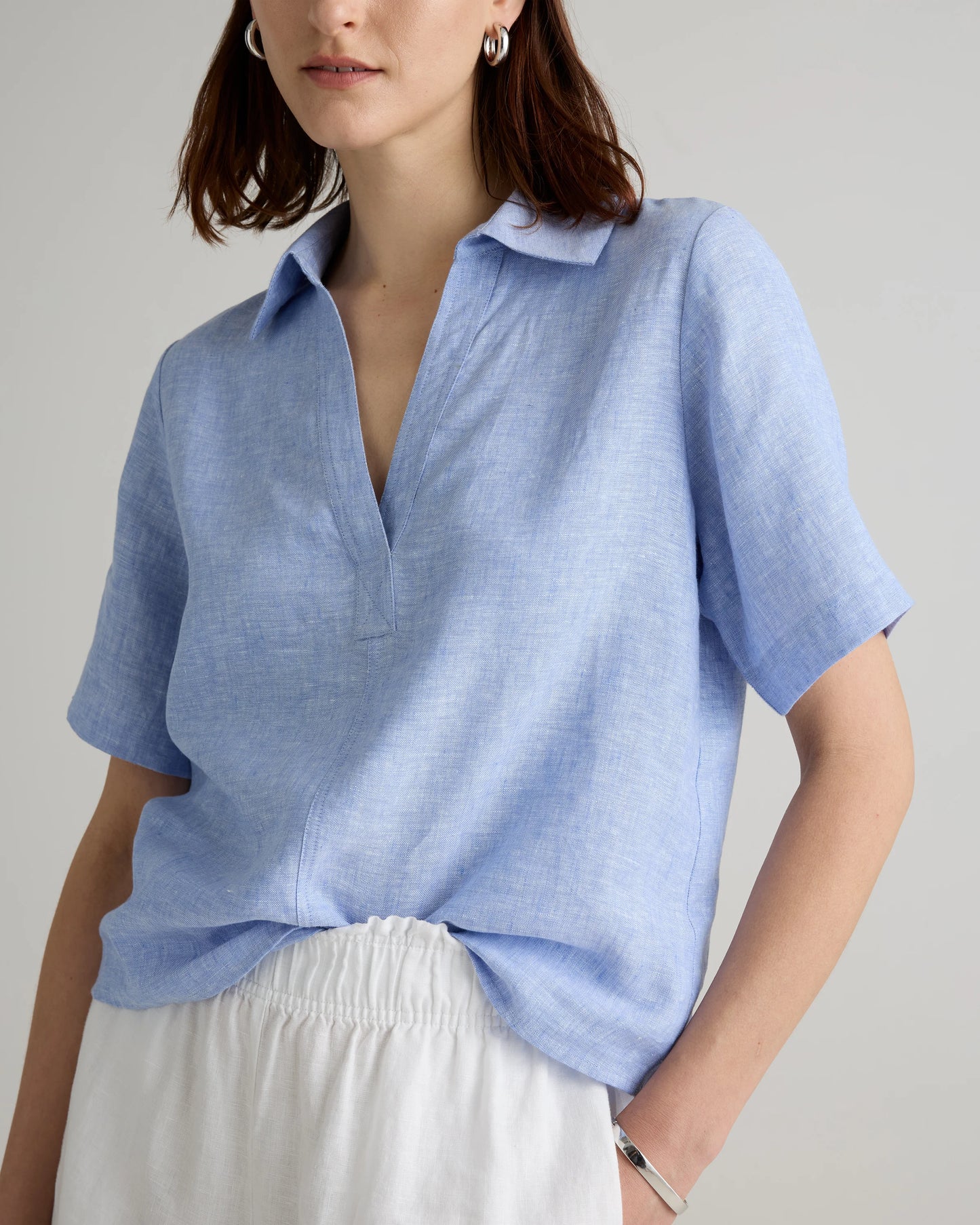 100% European Linen Short Sleeve Popover Top - XS / Blue Pinstripe
