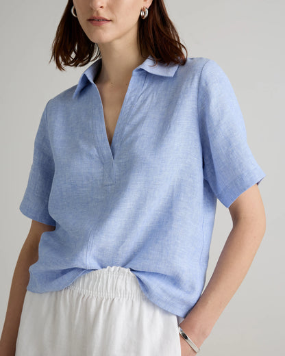 100% European Linen Short Sleeve Popover Top - XS / Blue Pinstripe