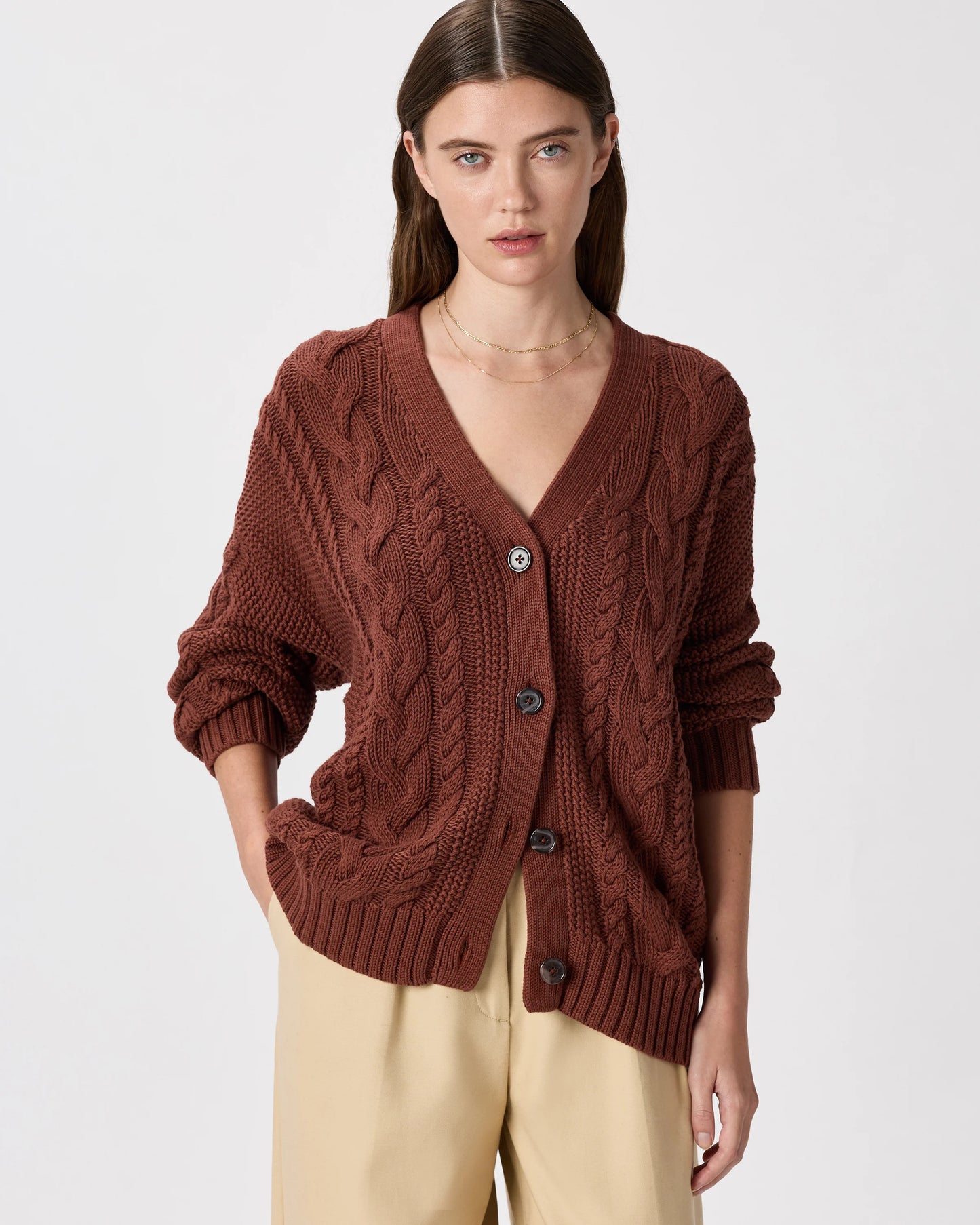 100% Organic Cotton Oversized Cable Cardigan - XS / Heather Brown