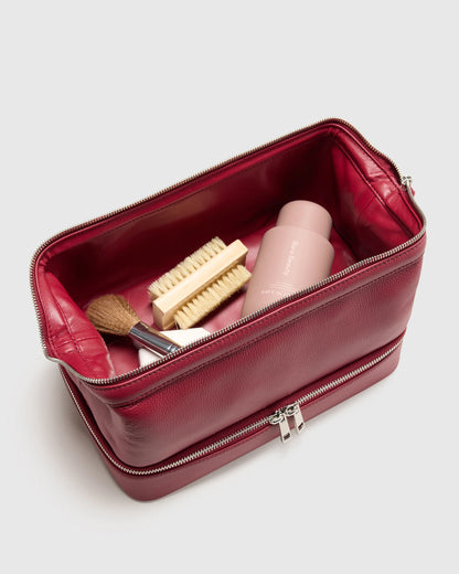 Italian Leather Dual Compartment Toiletry Bag - One Size / Ruby Red