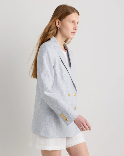 100% European Linen Relaxed Double-Breasted Blazer - XS / Blue Pinstripe
