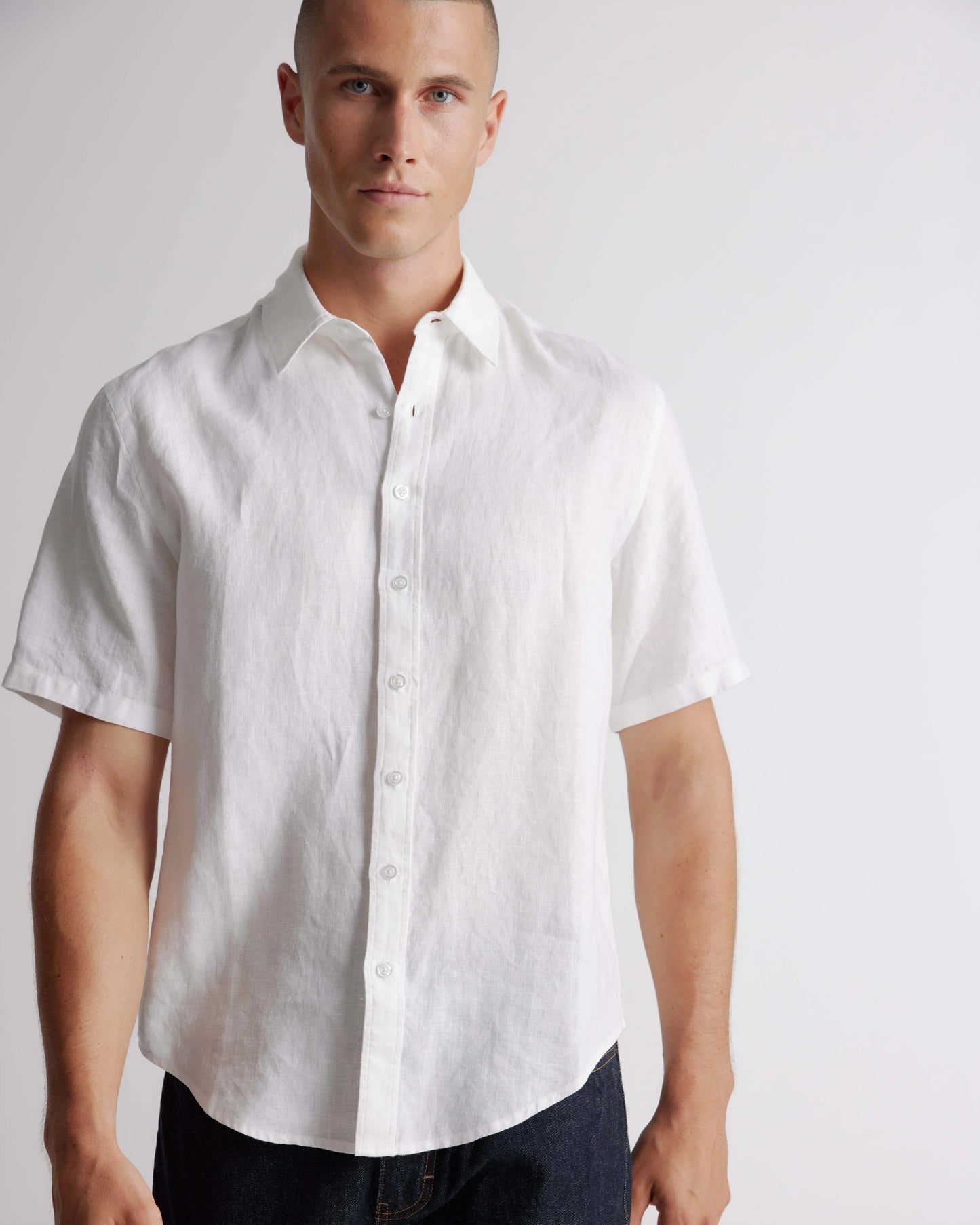 100% European Linen Relaxed Short Sleeve Shirt - XS / Taupe Brown Chambray