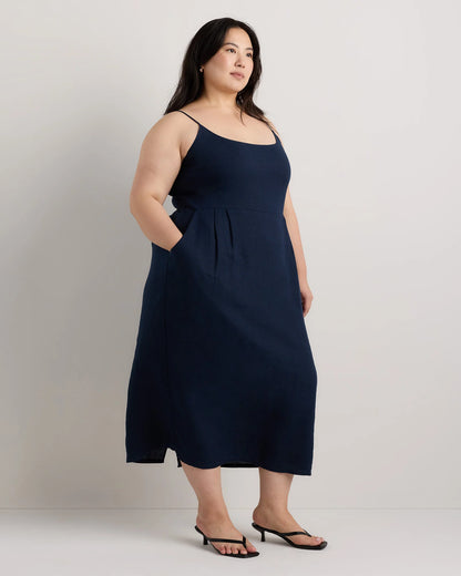 100% European Linen Scoop Neck Midi Dress - 1X / Deep Navy