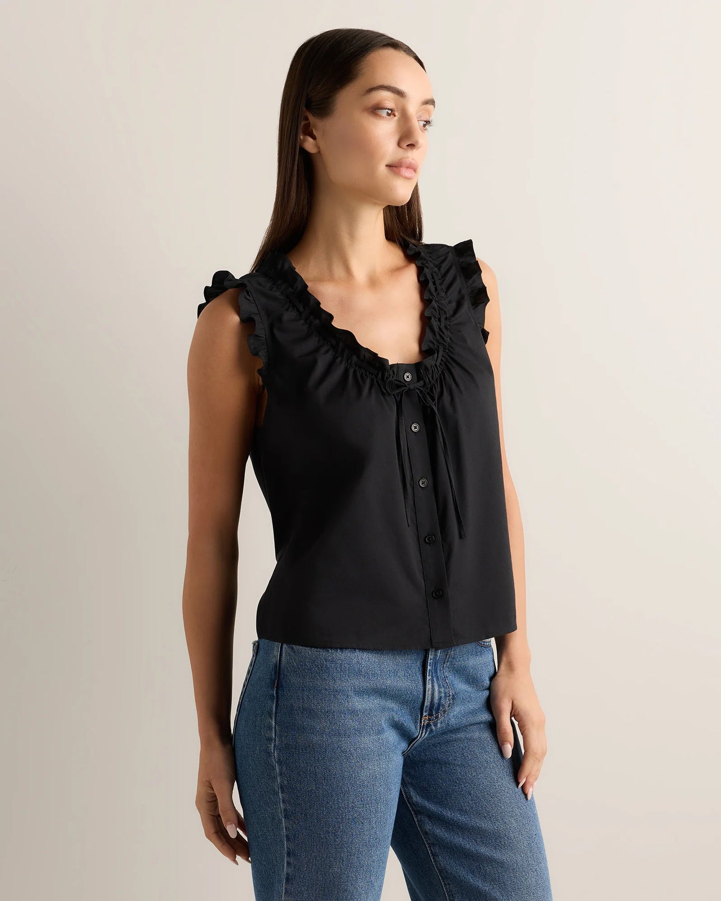 Cotton Viscose Voile Ruffle Trim Tank - XS / Classic Mini Gingham